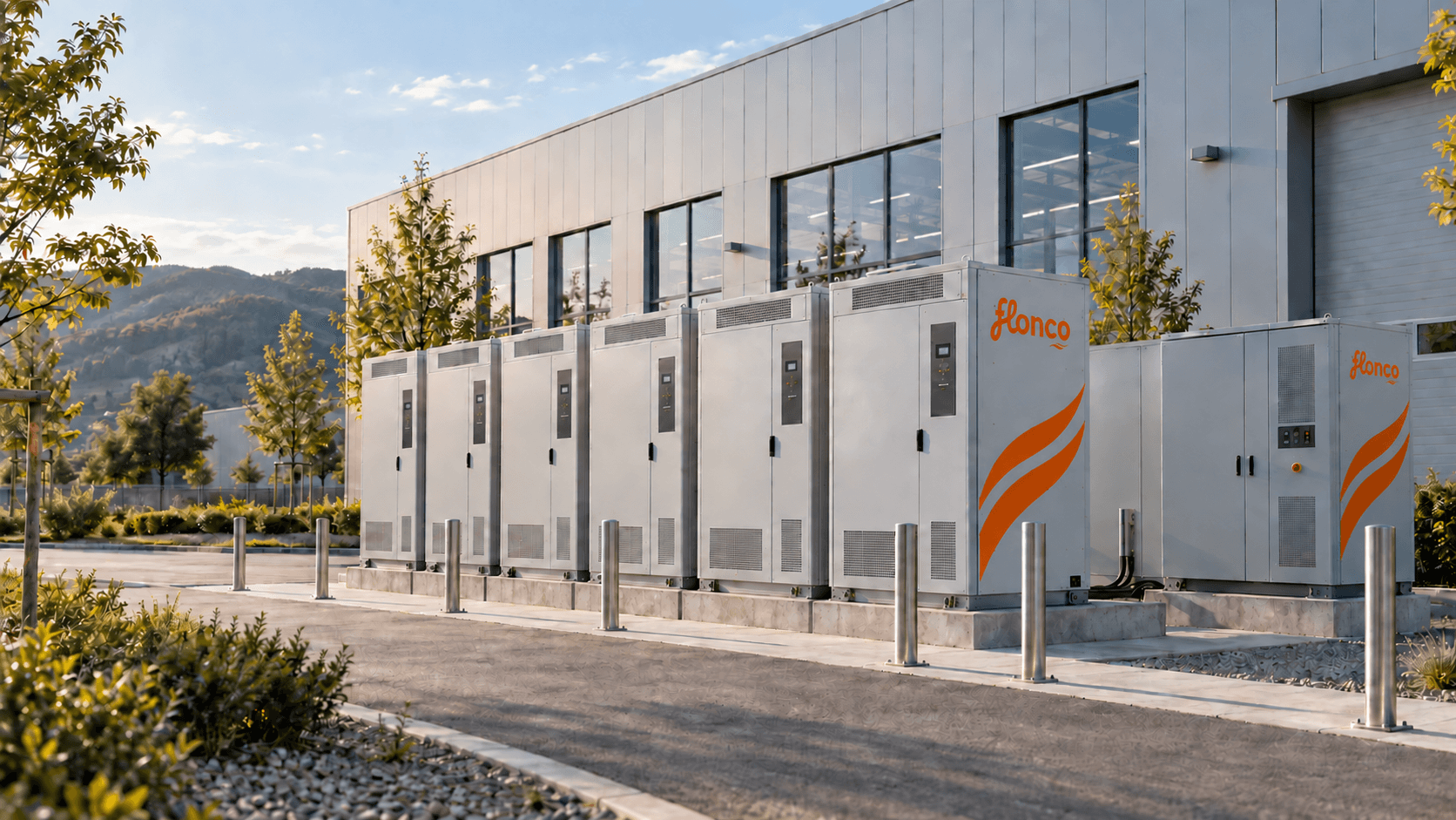 European factory with outdoor battery energy storage system concept visualization
