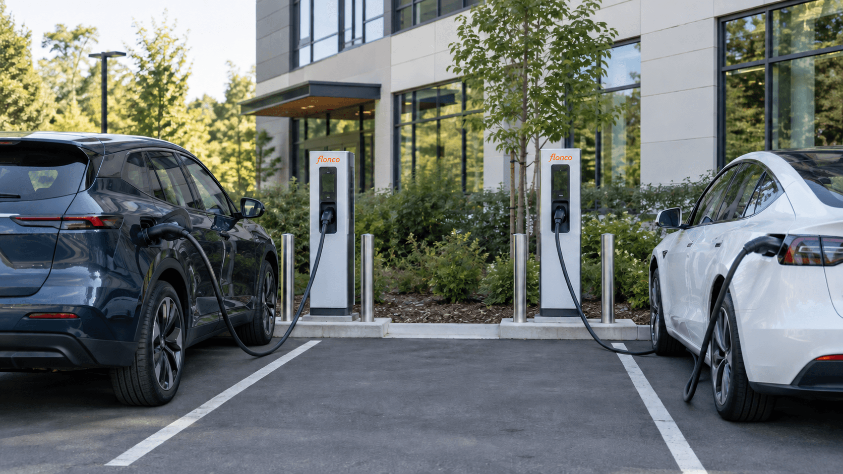 Two FLONCO-branded EV charging stations in an office parking area concept visualization