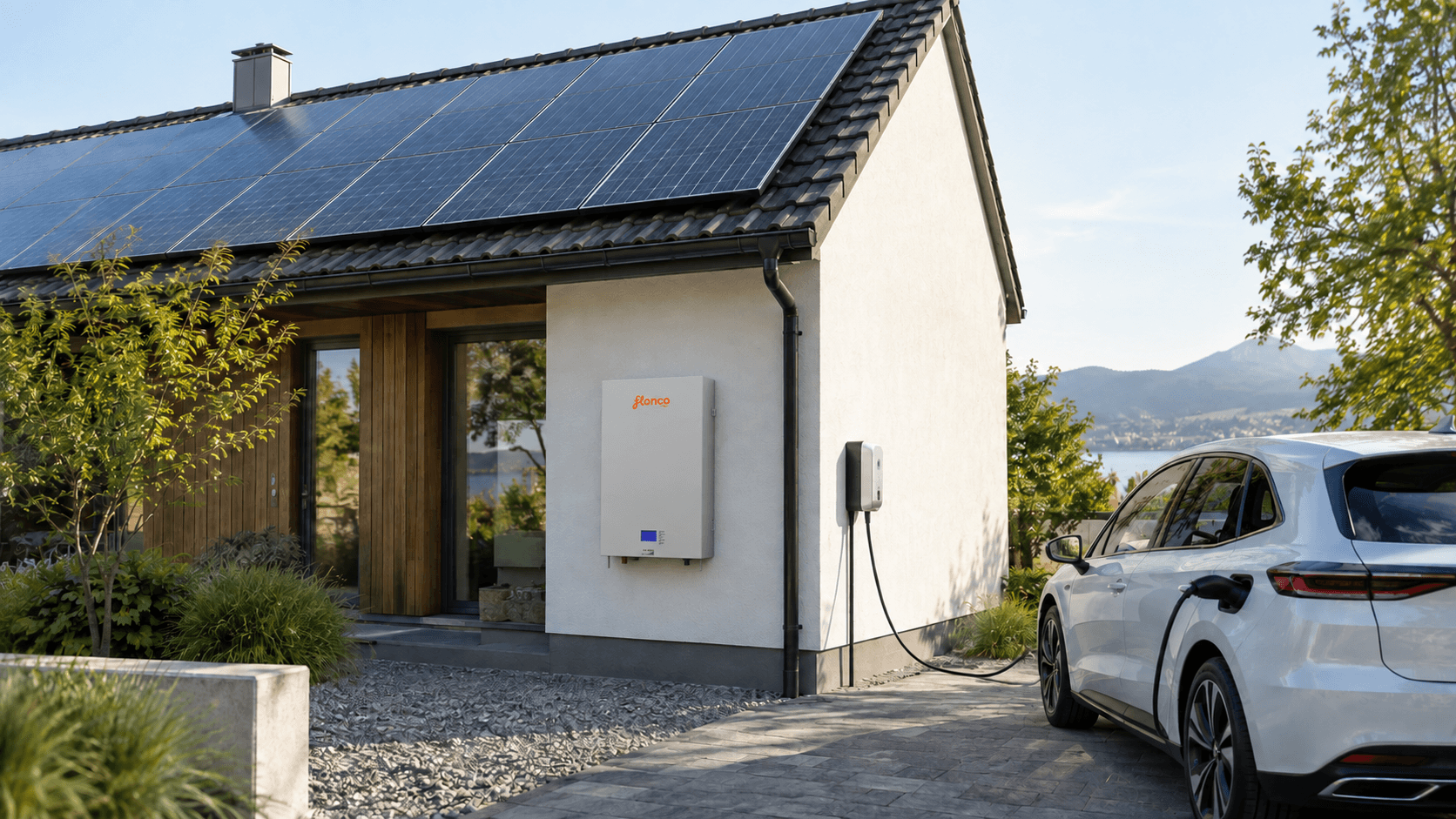 Home with rooftop solar, a FLONCO wall-mounted battery and EV charging concept visualization